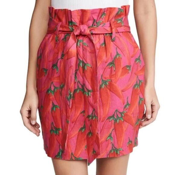 Farm Rio Red Pepper Belted Linen Skirt - XS Pink Paperbag High Waist Resortwear - Picture 1 of 15